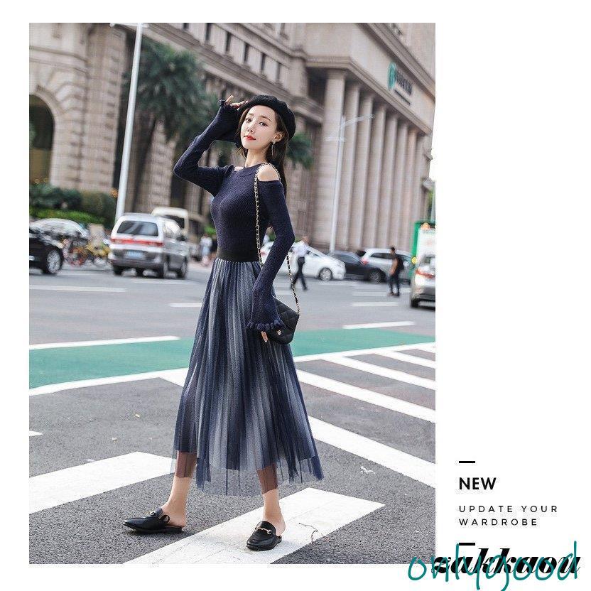 タートルネック　ハイネック　裏起毛　ストレッチスカート　　セットアップ　秋冬　紺 セットアップ レディース スカート 秋 冬 ニットセーター