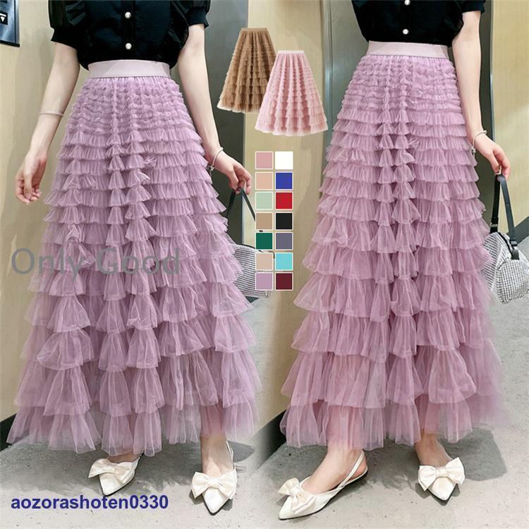 チュールフリルボリュームスカートロング マキシスカート ウエストゴム