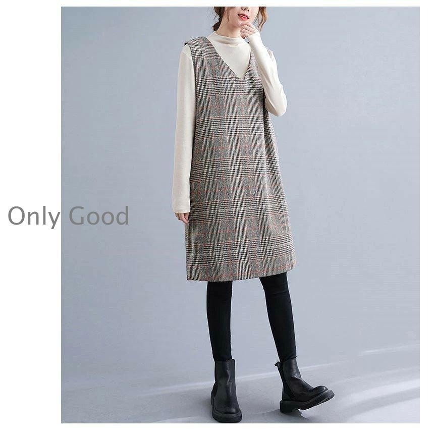 ジャンパースカート Vネック 総柄 千鳥格子柄 ワンピース 秋 冬 大人