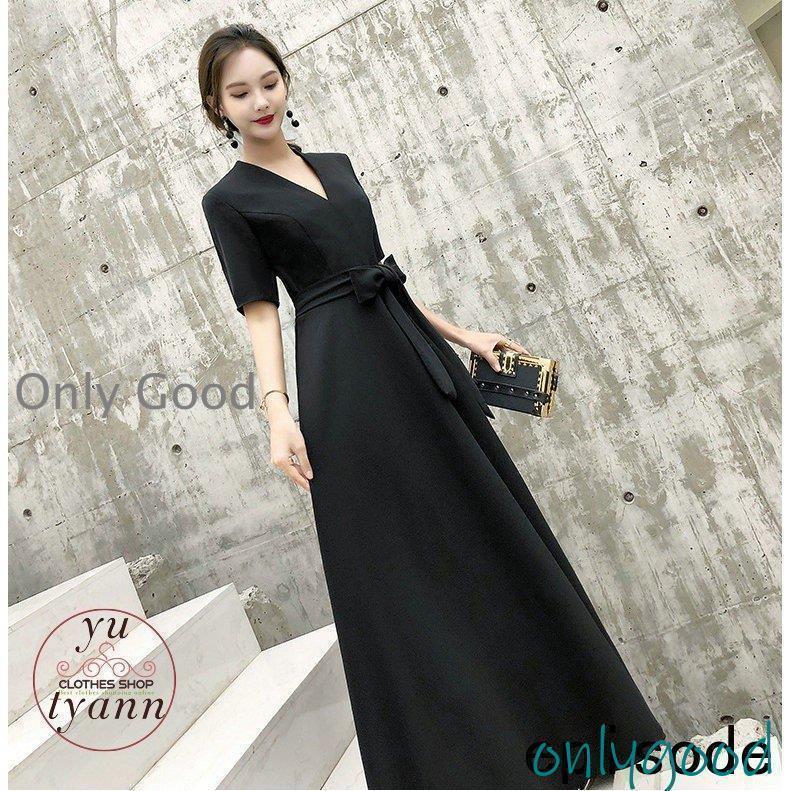 パーティードレス マキシ丈ワンピース 結婚式 五分袖 ロング丈 黒 袖