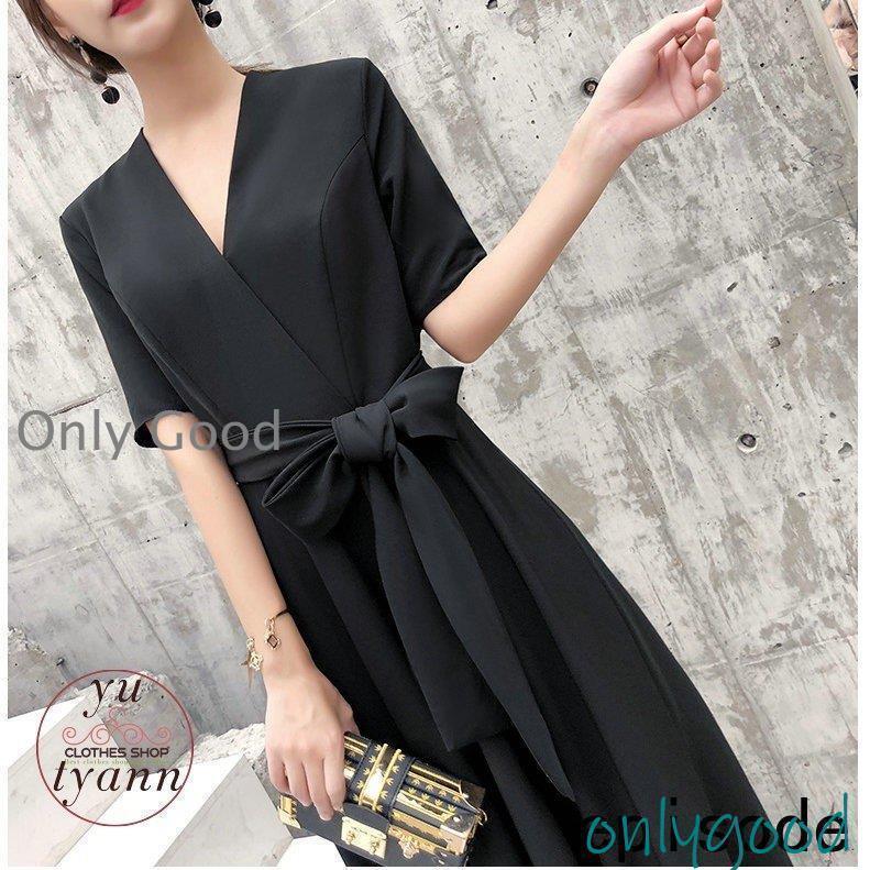 パーティードレス マキシ丈ワンピース 結婚式 五分袖 ロング丈 黒 袖