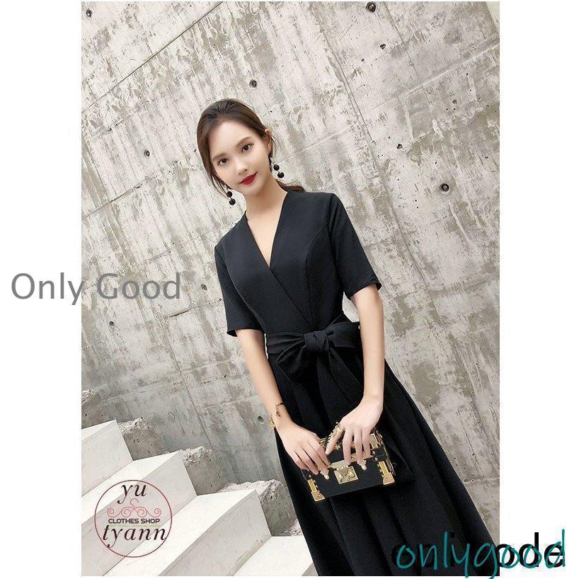 パーティードレス マキシ丈ワンピース 結婚式 五分袖 ロング丈 黒 袖