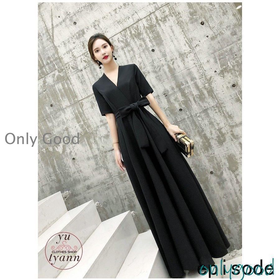 パーティードレス マキシ丈ワンピース 結婚式 五分袖 ロング丈 黒 袖