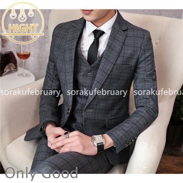 メンズスーツ チェック柄 3点セット スリーピース スーツ メンズ 結婚