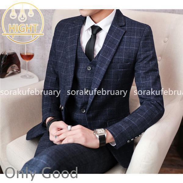 メンズスーツ チェック柄 3点セット スリーピース スーツ メンズ 結婚式 リクルート 入学式 卒業式 成人式 ビジネススーツ スリムスーツ 紳士服 | ブランド登録なし | 02