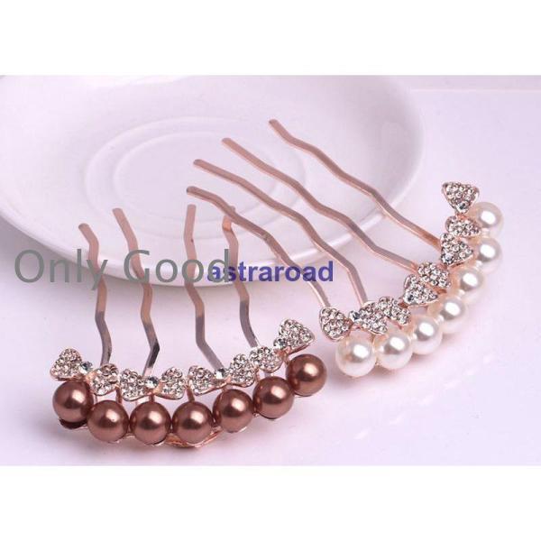ヘアコーム かんざし レディース ヘアアクセサリー 髪留め 髪飾り ヘアアレンジ 簪 フェイクパール ラインストーン リボン型 女性 可愛い おしゃれ | ブランド登録なし | 01