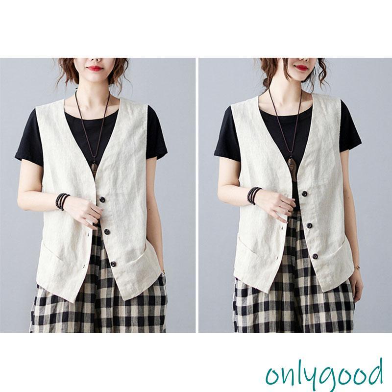 ベスト リネンベスト レディース Vネック 前開き 綿麻 薄手 ジレ