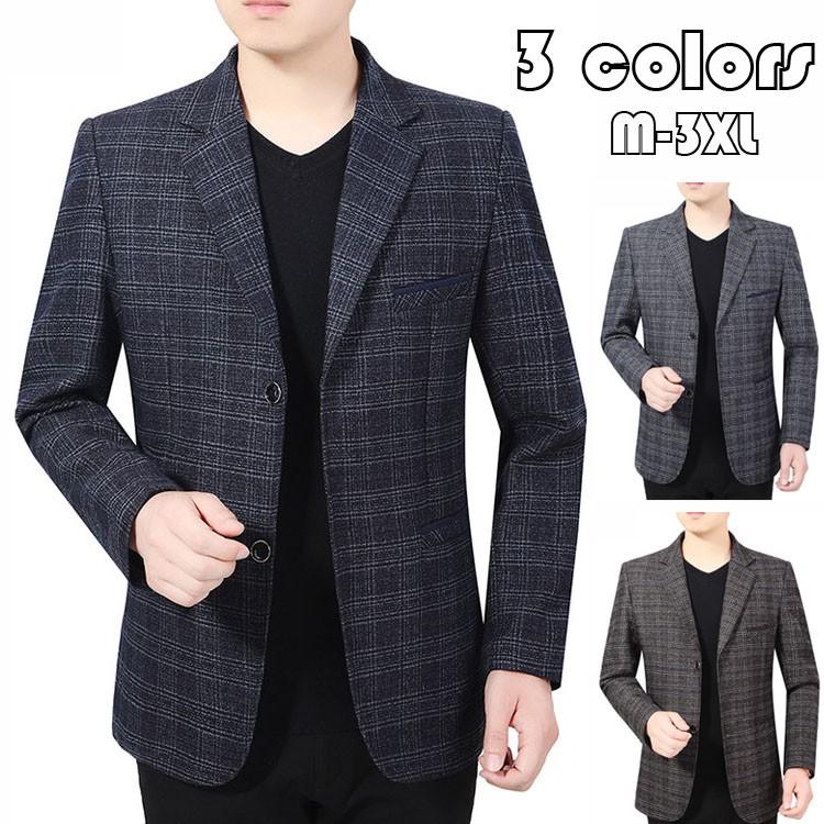 テーラードジャケット メンズ ブレザー チェック柄 スーツ 厚手