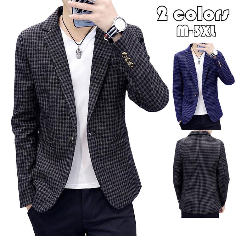 テーラードジャケット メンズ ブレザー チェック柄 スーツ 長袖 ビジネススーツ 紳士用 Jacket 人気ブランド 2色 通勤 春秋 細身 アウター カジュアルスーツ 代30代40代