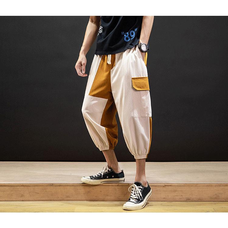 新作 クロップドパンツ 七分丈ズボン 夏 メンズ ズボン サルエルパンツ 涼しいズボン イージーパンツ 配色切り替え サルエルパンツ Size L Www We Job Com