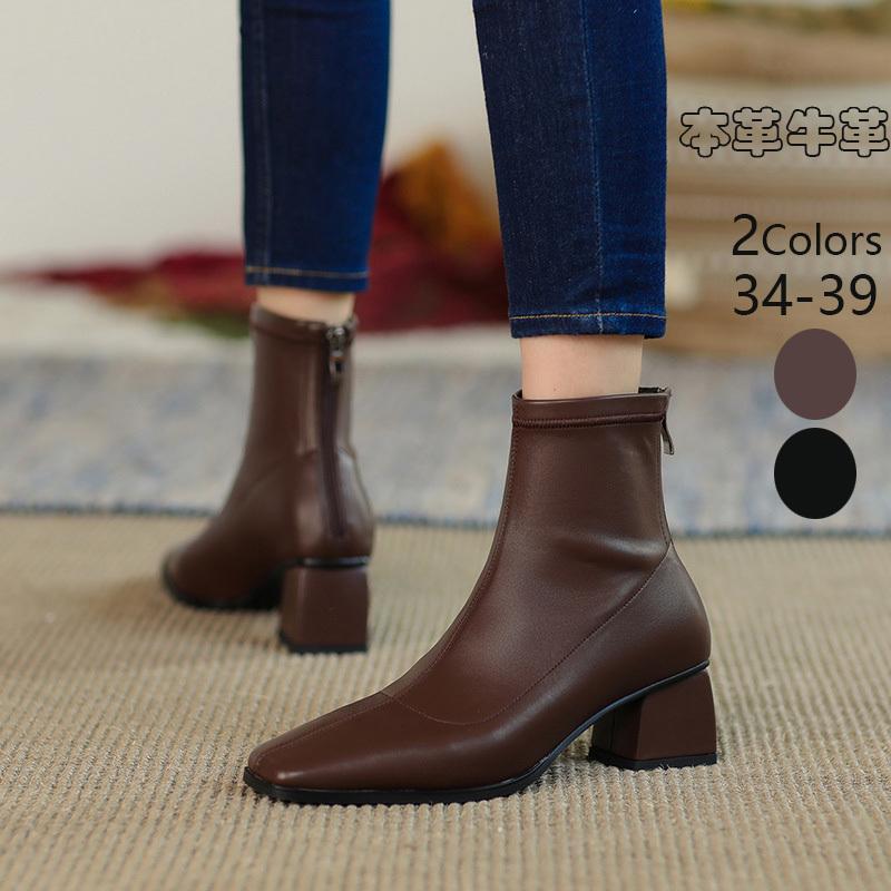2色ブーツ レディース本革 ショートブーツ レディース レディースブーツ ヒール 靴 ショートブーツ レディースシューズ 太めヒール 靴 美脚 歩きやすい 疲れない Y Mooti 通販 Yahoo ショッピング