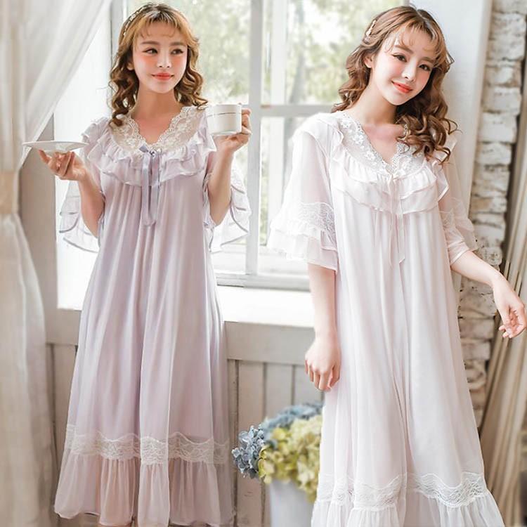 4色 新作 レディース レース 姫系 ネグリジェ 寝巻き 五分袖 ロング丈 春 夏 ロリータ フリル ルームワンピース パジャマ ナイトウエア Y4148 Mooti 通販 Yahoo ショッピング