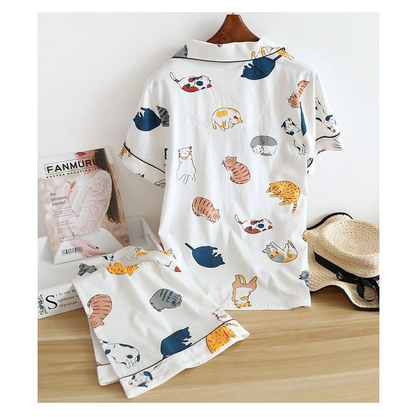 ついに再販開始 Cat Women S 寝間着 ハーフパンツ 夏用 かわいい 上下セット 半袖 綿100 パジャマ パイピング ねこ柄 レディース 夏新作 Cotton ナイトウェア Pj セットアップ サイズ L Www Sustentec Com Br