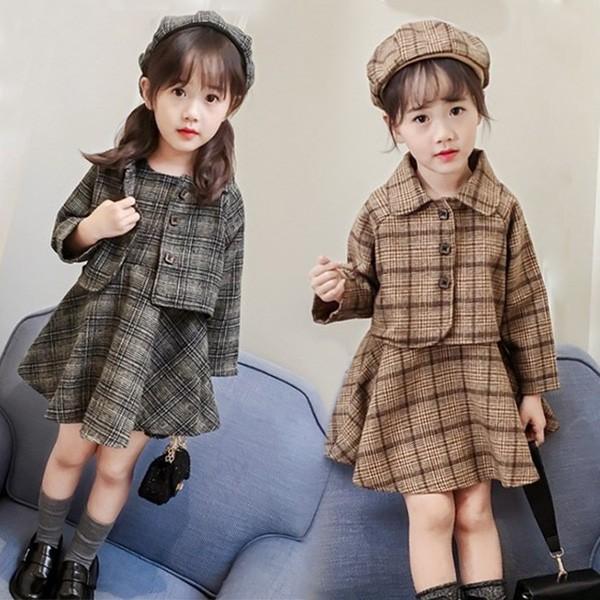 2色 韓国子供服 3点セット 春秋 ワンピース コート ベレー帽 長袖 チェック柄 切り替え セットアップ ゆったり リゾート キッズ フォーマル こども 可愛い 高評価の贈り物