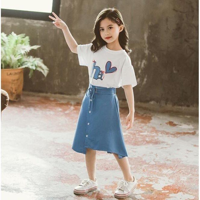女の子 セットアップ Tシャツ デニムスカート 2点セット キッズ 可愛い 新作 夏服 遠足 お出かけ 海外旅行 ファッション 通園 通学 堅実な究極の