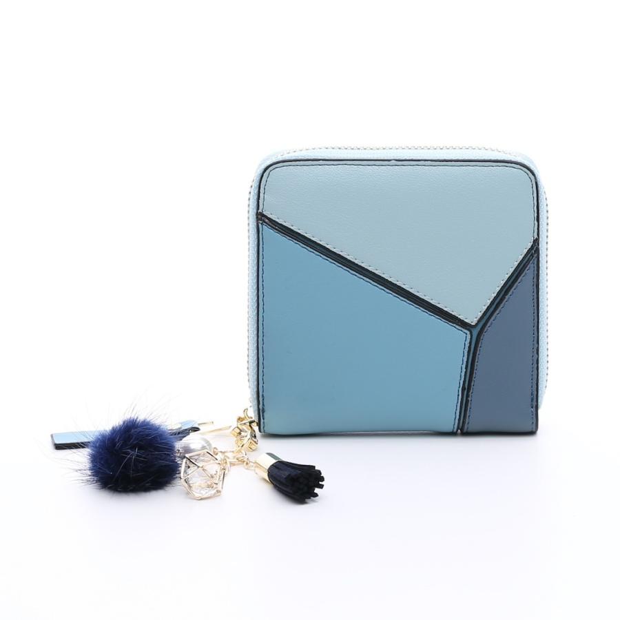 本革 バイカラー パズル 折財布 ミンクファー タッセル チャーム 付き
