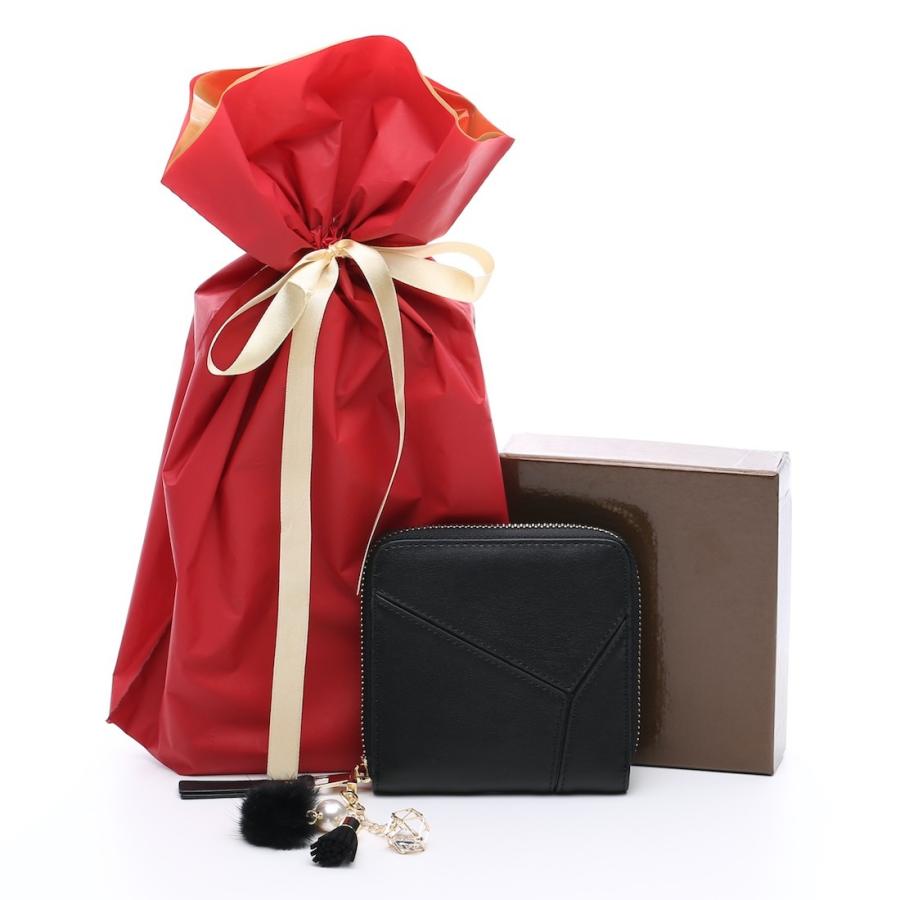 本革 バイカラー パズル 折財布 ミンクファー タッセル チャーム 付き