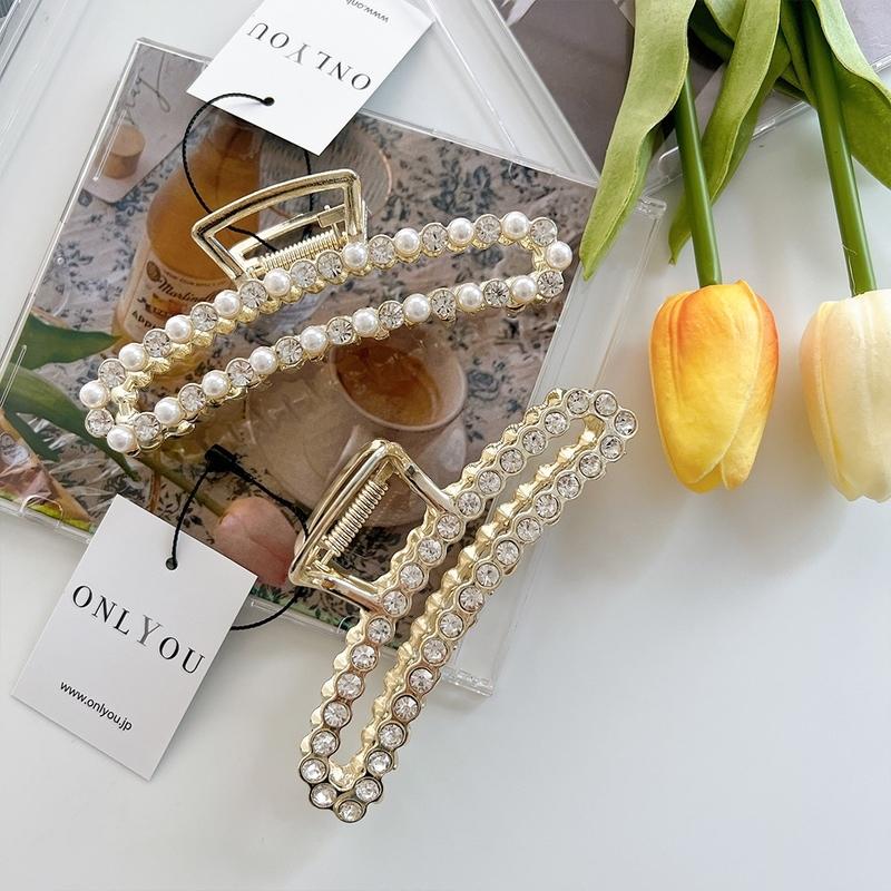 バンスクリップ ヘアアクセサリー 韓国 大きめ スクエア ビジュー パール ハーフアップ ヘアクリップ ヘアピン レディース 女性