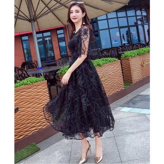 フリル 刺繍 シフォン 膝下 ロングワンピース パーティードレス 結婚式  