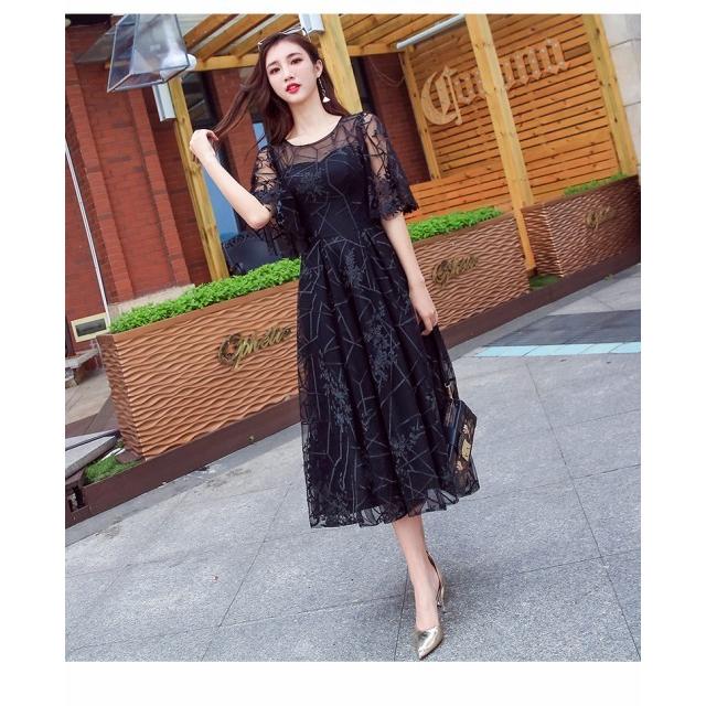 フリル 刺繍 シフォン 膝下 ロングワンピース パーティードレス 結婚式  