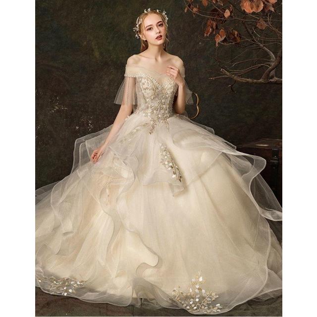 オフショルダー シャンパン ウエディングドレス 二次会 花嫁 ワンピース ドレス ロングドレス パーティードレス whwdgdrst-V0062