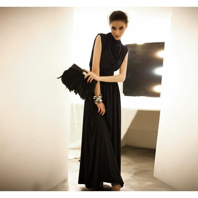 上品 エレガントノースリーブ ロングドレス ハイネック 結婚式 ドレス