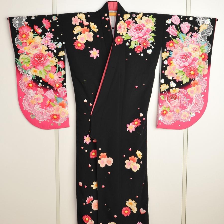 小振袖/レディース/ViVi fleurs/Lサイズ/卒業式/十三参り/街着/レンタル/小振袖/二尺袖/絵羽柄/黒/着物レンタル SOUBIEN 振袖 単品 着物 ロング丈 レディース 絵羽柄 卒業式 振り袖 白