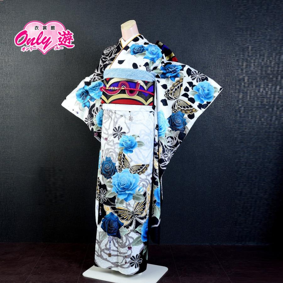 プレタ振袖セット/レディース/Flicure/和遊日/19-122BN/25-407BN/Lサイズ/成人式/十三参り/レンタル/振袖/絵羽柄/バラと蝶/白/ポリエステル/着物レンタル