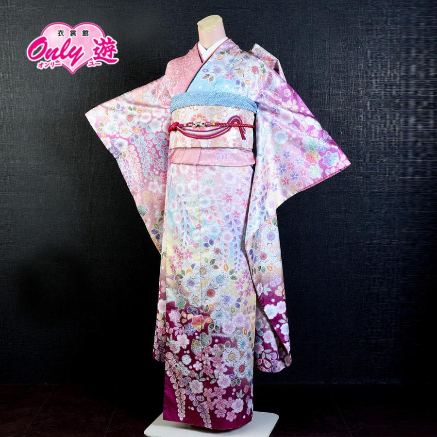 プレタ振袖セット/レディース/Flicure/19-126BN/25-421BN /Lサイズ/成人式/十三参り/レンタル/振袖/絵羽柄/辻が花/ピンク/ポリエステル/着物レンタル