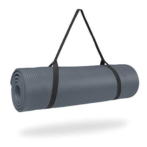 (Grey) Pure Fitness Deluxe Non-Slip Exercise Fitness Mat with Carrying Strap%カンマ% 12 mm Thick