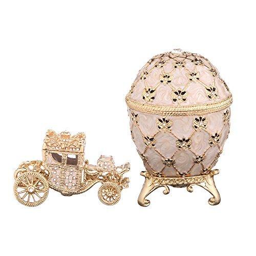 danila-souvenirs ロシア ファベルジェスタイル 卵/小物入れ ジュエルボックス 馬車 インペリアルイーグル付き 3.7インチ クリーム