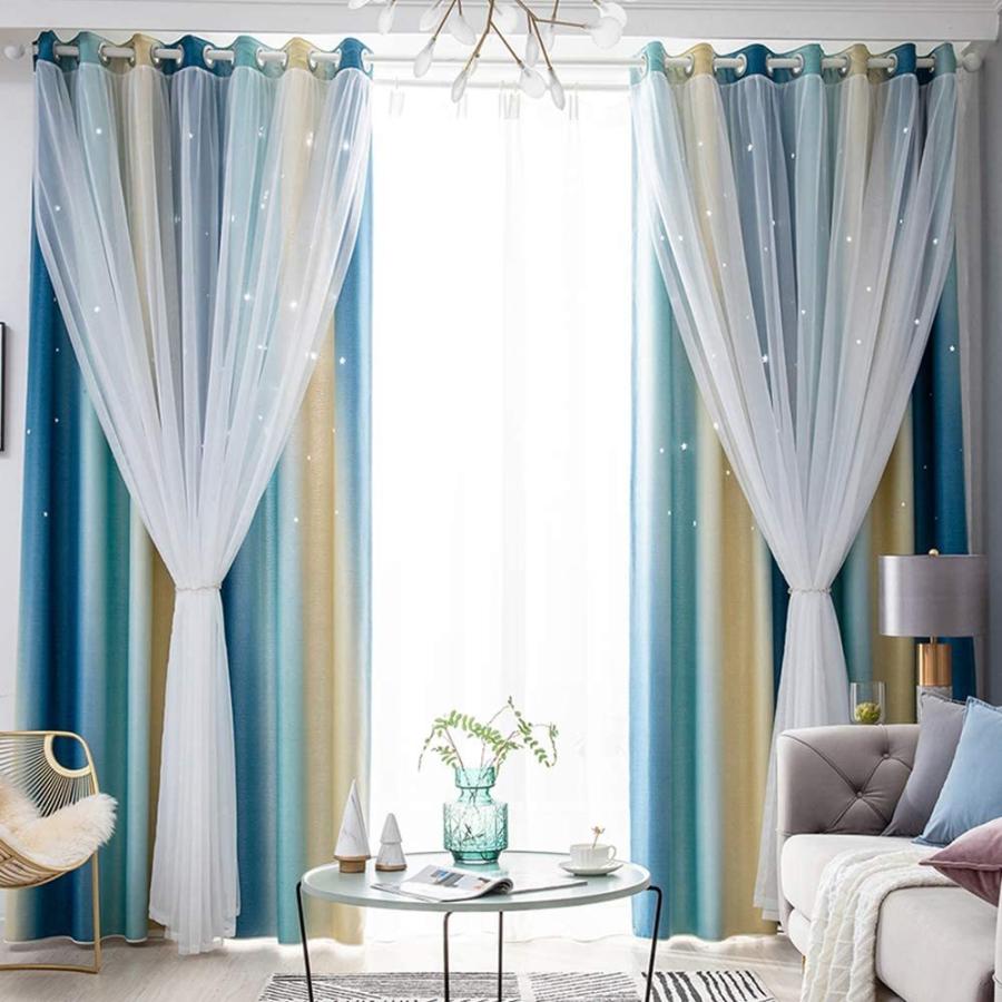 最新入荷 遮光カーテン スター キッズ グラデーション チュールオーバーレイカーテン リビングルーム 寝室 男の子 女の子 スターカーテン ドレープ 窓 ブルー オブジェ 置き物 Adga Org
