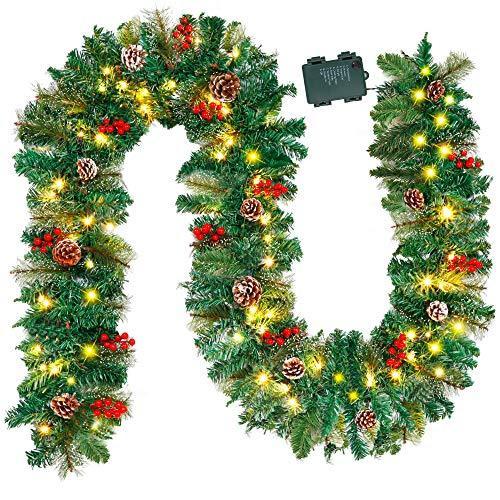 珍しい Juegoal 9フィート 40個のLEDライト 温白色 ベリーコーンボールオーナメント 花と緑 プリライト付き人工ガーランド クリスマスガーランド オブジェ、置き物