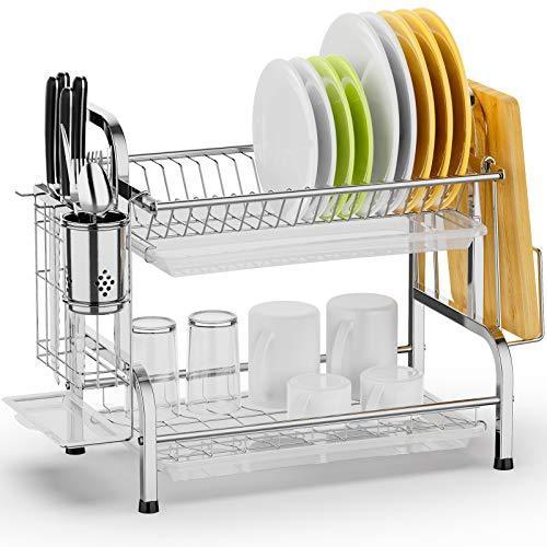 Swedecor 食器乾燥ラック 錆びない食器水切り 食器ホルダーと排水ボード付き シルバー