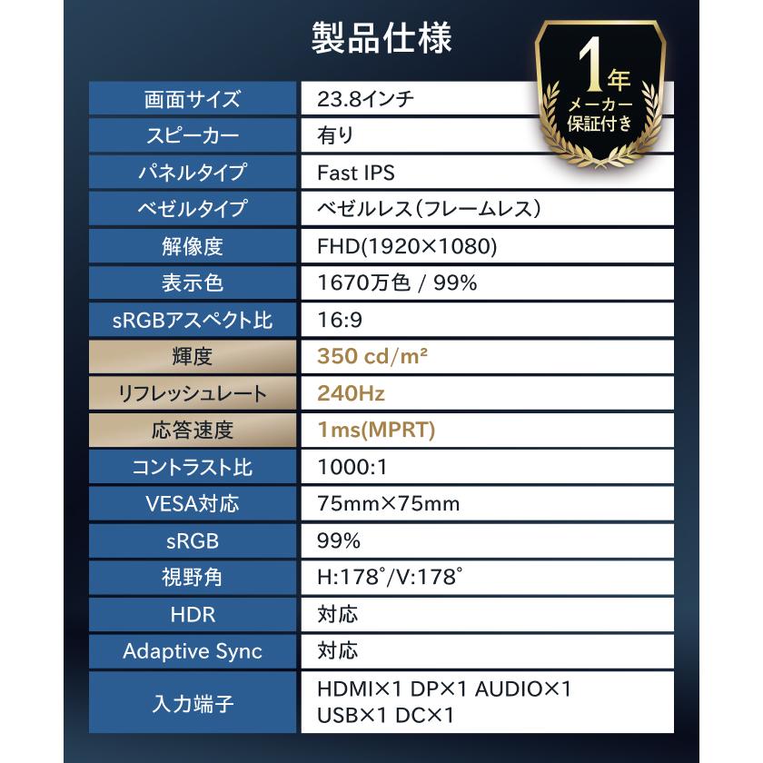 スピーカー搭載モデル 】 日本企業 ゲーミングモニター 23.8インチ