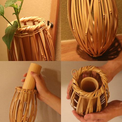 受注生産 工芸家 生野徳三(作) 白竹みの虫かけ華籠 (付属品:おとし) 高