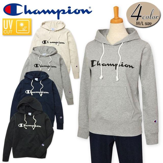 送料無料 レディース プルオーバー パーカー 長袖 Champion チャンピオン 裏毛 スウェット UVカット加工 刺繍 婦人｜onstyle