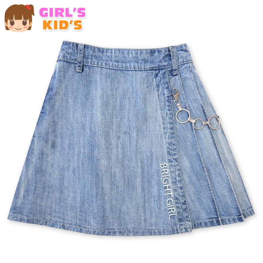 送料無料 女児 ジュニア 綿100 プリーツラップスカート デニム ロゴ刺繍 装飾チェーン 150cm 160cm Nk 0017 メール便対応 おトク