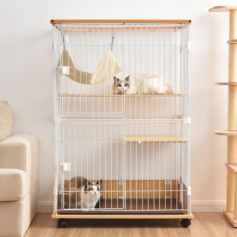 【新品】木製×スチール二段キャットケージ 多頭飼い対応 脱走防止 ナチュラル 猫 キャットケージ 木製 二段 ナチュラル 1段2段可能 キャスター付