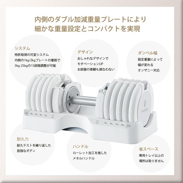 ダンベル BYZOOM バイズーム Pure Series 可変式ダンベル 25kgホワイト 白い