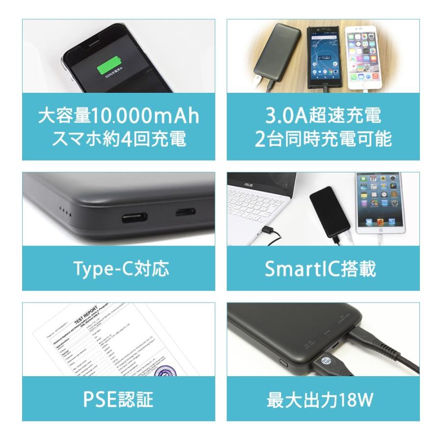 モバイルバッテリー 10000mAh PD3.0 QC3.0 2台同時充電 type-c｜oobikiyaking｜04