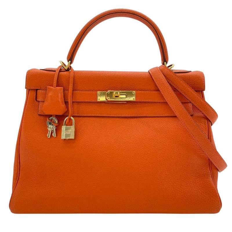 HERMES（エルメス） ケリー32 内縫い □E刻 オレンジ ゴールド金具