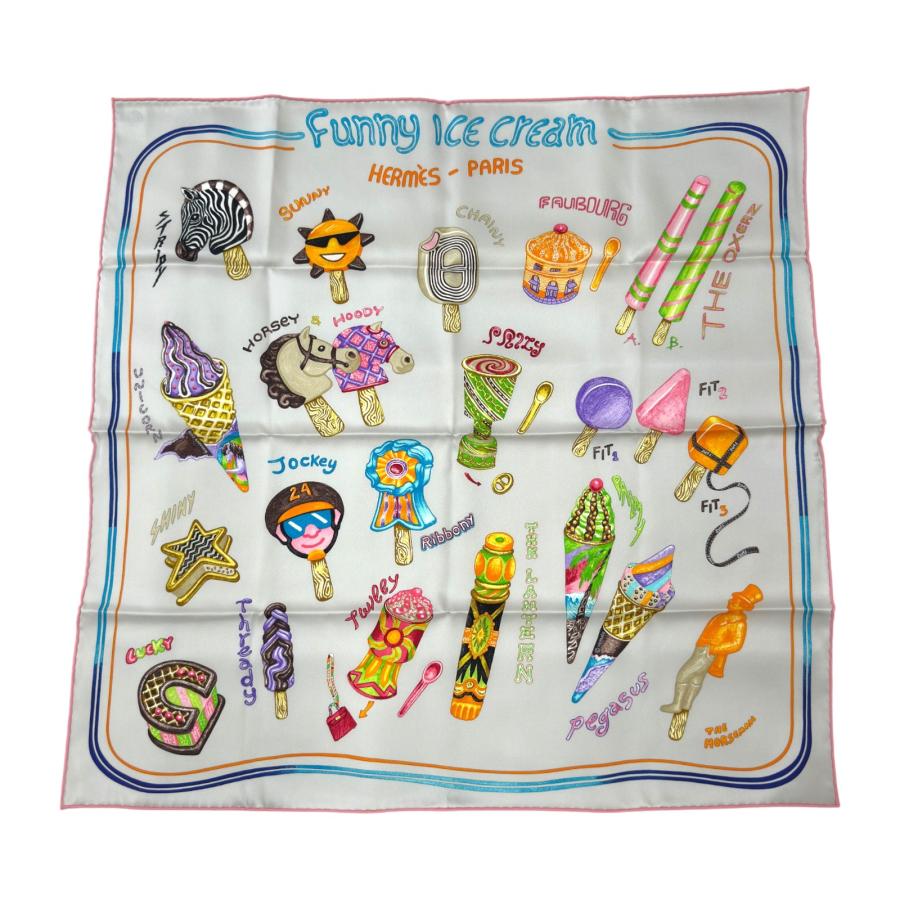お値下げしました♪HERMES カレ70シルクスカーフ HERMES（エルメス） カレ70 FUNNY ICE CREAM グレー シルク スカーフ