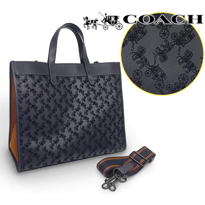 【美品 ほぼ未使用】 コーチ COACH 2WAY トートバッグ ショルダーバッグ 鞄 馬車柄 レザー ネイビー ブラウン 大容量 シリアル有 | COACH