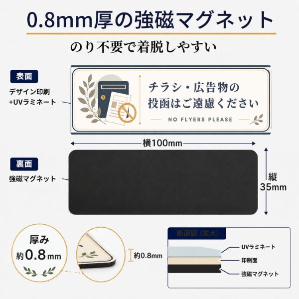 チラシお断り マグネット 屋外用 強磁 35×100mm ポスティング 広告 勧誘 投函対策 ポスト 玄関 UVラミネート 日本製 Aqteria |  | 02