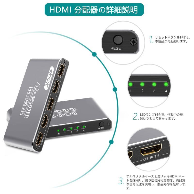 HDMI 分配器 1入力4出力 HDMI スプリッター 自動切替 4Kx2K/1080P解像度 4画面同時出力 3D視覚効果 金メッキポート搭載 4ポ｜ooonline｜06