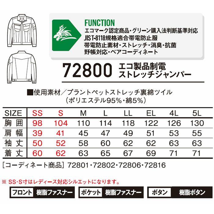 ジードラゴン 自重堂 72800 エコ製品制電ストレッチジャンパー Z-DRAGON GREEN 作業服 ストレッチ エコマーク JIS-T ...
