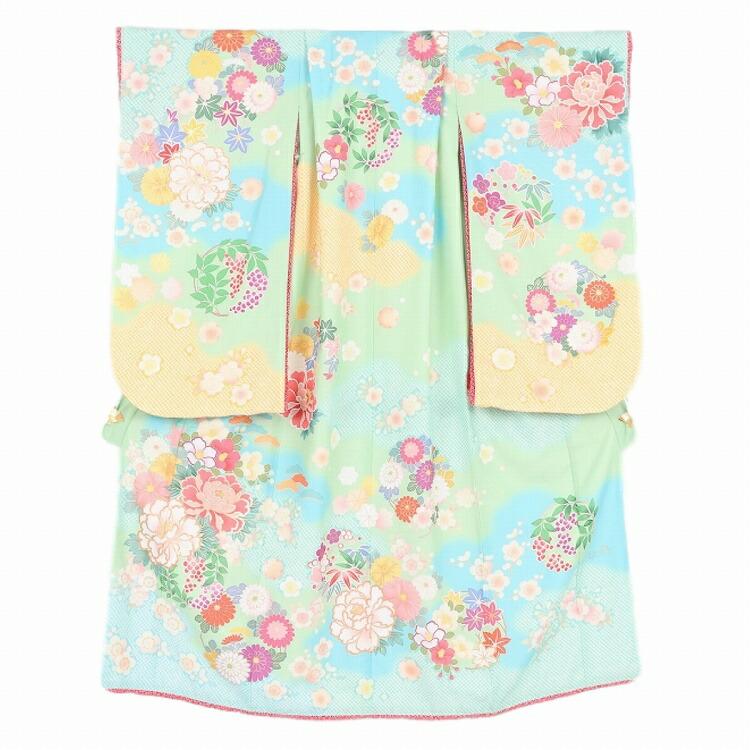 753　七五三 着物 7歳 レンタル フルセット レトロ 小物 帯 七五三 着物レンタル 7歳 女 女の子 ヒワ水牡丹疋田 7歳 七五三 着物 レンタル フルセット 女の子 着物レンタル レトロ 帯 女 無料