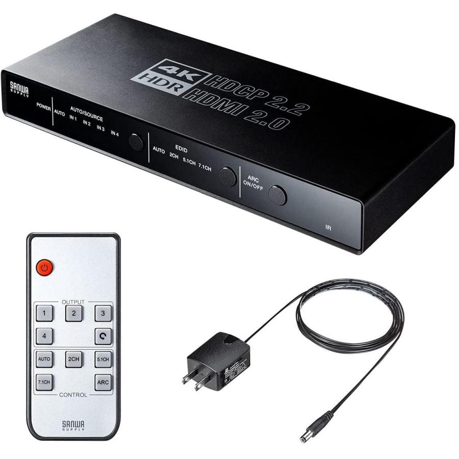 サンワダイレクト HDMI切替器 4入力1出力 4K 60Hz HDR HDCP2.2 光デジタル ARC リモコン付 PS5対応 400-  分配器、切替器