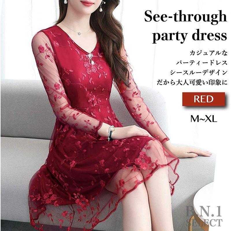 大規模セール ビーエヌワン セレクト パーティー ドレス ワンピース Vネック シースルー 花柄 膝上 エレガント アクセサリー付き レディース カジ Simbcity Net